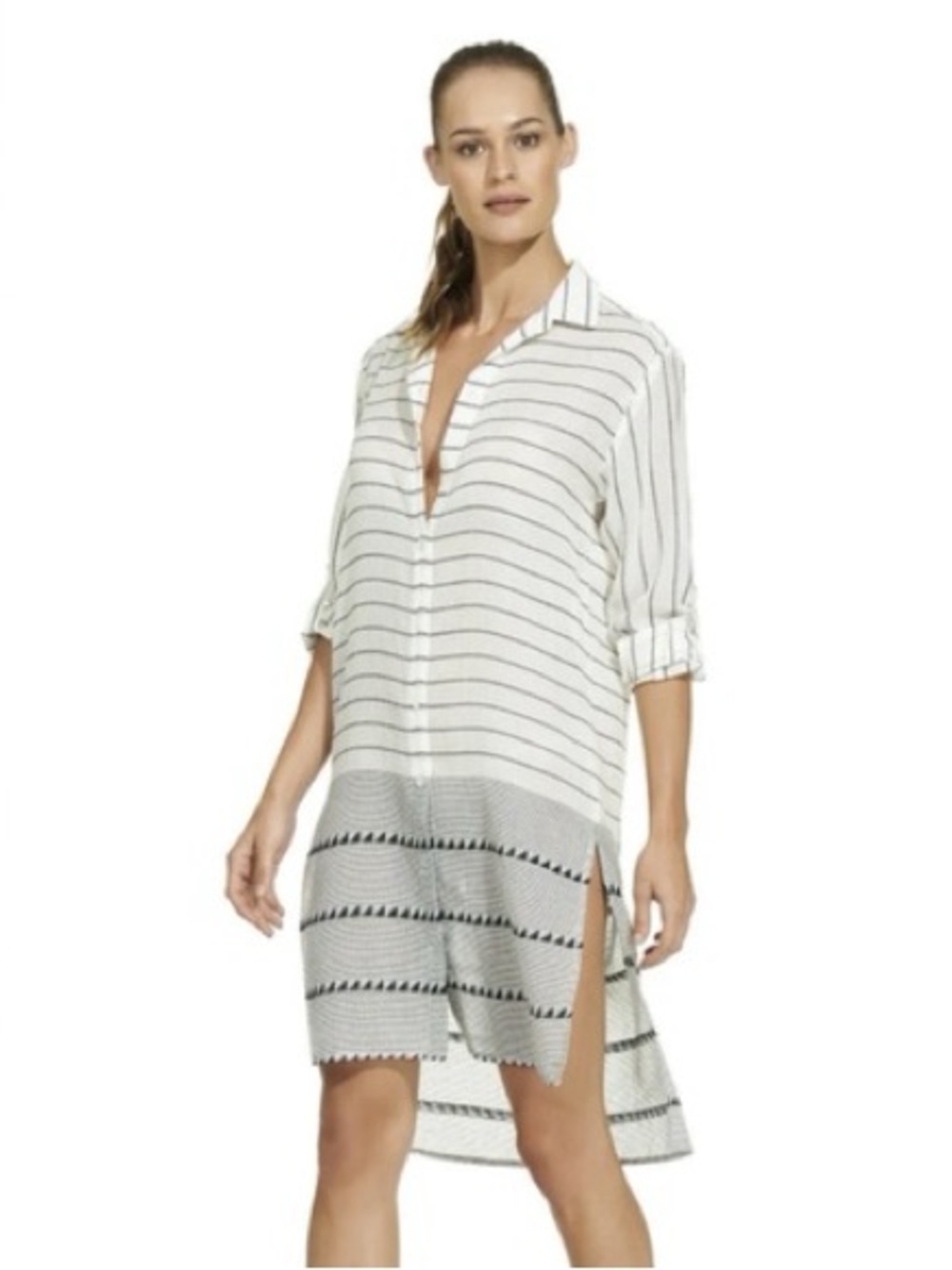 blue island White Dress Shirt with Navy Stitching Beach Cover Up Indigo